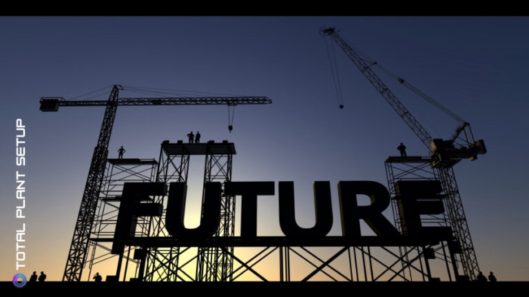 Futuristic Industry 4.0 smart factory at sunrise, representing advanced site selection, data-driven feasibility studies, strategic factory location, and next-gen industrial setup for modern manufacturing.